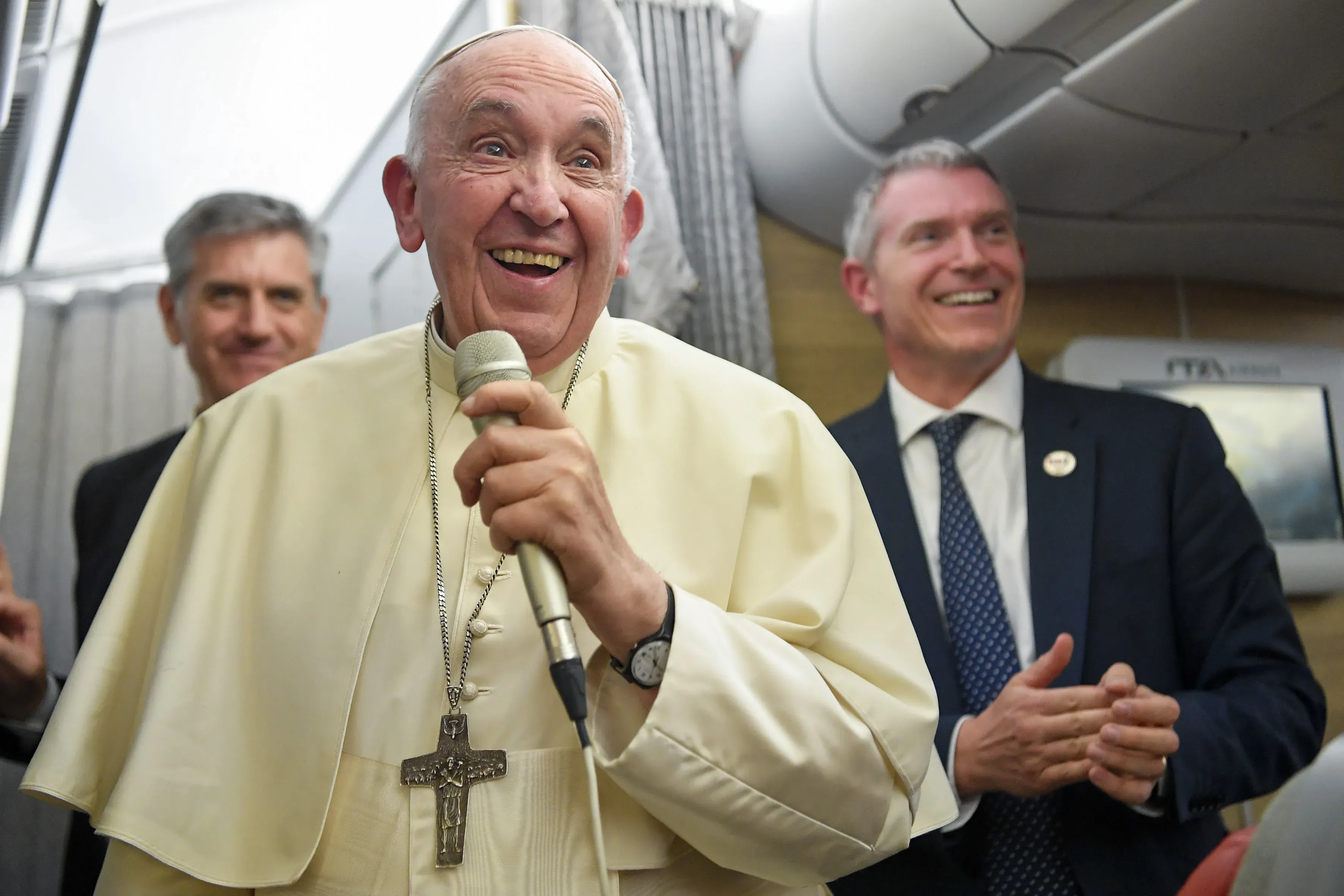 Pope Francis speaking to journalists on the flight from Canada to Rome, Italy, on July 30, 2022. Vatican Media