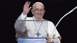 Pope Francis waves during his Sunday Angelus message and prayer on July 17, 2022. Vatican Media