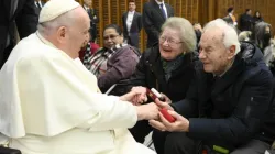 Pope Francis greets an elderly couple at his general audience on Jan. 11, 2023 | Vatican Media