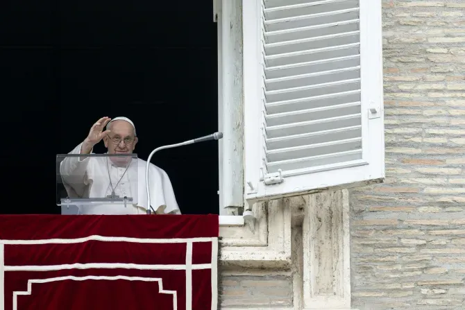 Pope Francis greets the crowd at his Angelus address on Feb. 19, 2023. | Vatican Media