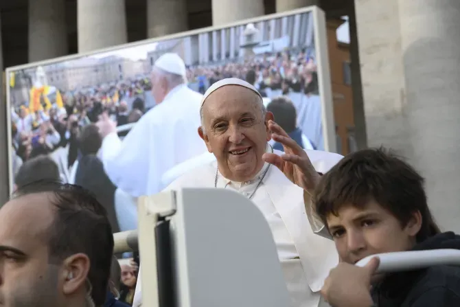 Pope Francis greets pilgrims at his general audience in St. Peter's Square at the Vatican on Oct. 18, 2023. | Credit: Vatican Media