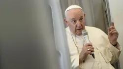 Pope Francis speaks to the media on Feb. 5, 2023, during his return flight to Rome from his visit to the Democratic Republic of Congo and South Sudan. | Vatican Media