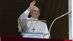 Pope Francis greets a crowd of an estimated 25,000 people gathered in St. Peter's Square in Rome for his Regina Caeli address on May 22, 2022. Vatican Media