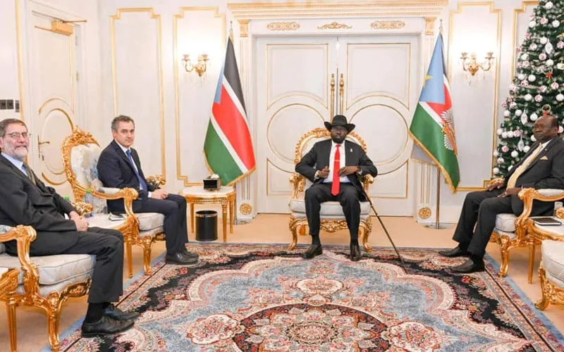 President Salva Kiir Mayardit with members of the delegation from the Sant’Egidio community, led by its Secretary-General, Dr. Paolo Impagliazzo and Professor Andrea Bartholi. Credit: Courtesy Photo
