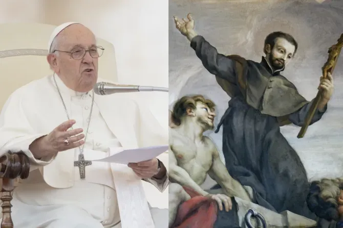 Pope Francis at his general audience on May 17, 2023 (left) and a painting of St. Francis Xavier in the Church of the Gesù in Rome (right). | Daniel Ibanez/Creative Commons
