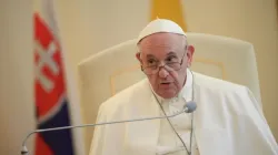Pope Francis addresses an ecumenical meeting at the apostolic nunciature in Bratislava, Slovakia, Sept. 12, 2021. Vatican Media.