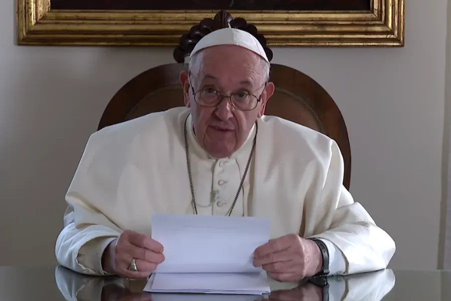 Pope Francis sends a video message to participants in Youth4Climate event in Milan, Italy, Sept. 29, 2021. Screenshot from Vatican News YouTube channel.