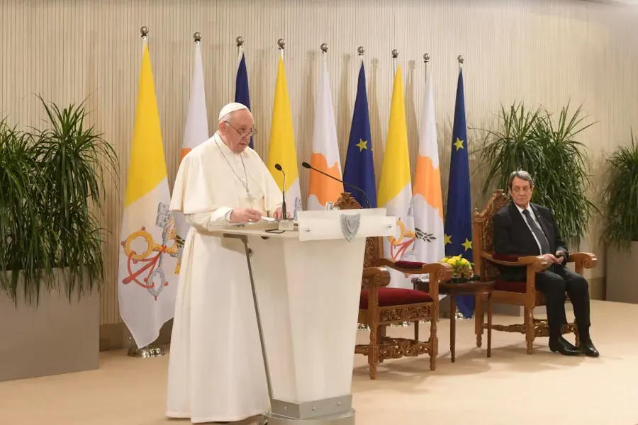 Pope Francis addresses the authorities, civil society, and diplomatic corps at the Presidential Palace in Nicosia, Cyprus, Dec. 2, 2021. Vatican Media.