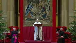 Pope Francis addresses members of the Roman Curia at the Vatican on Dec. 23, 2021. Screenshot from Vatican News YouTube channel.