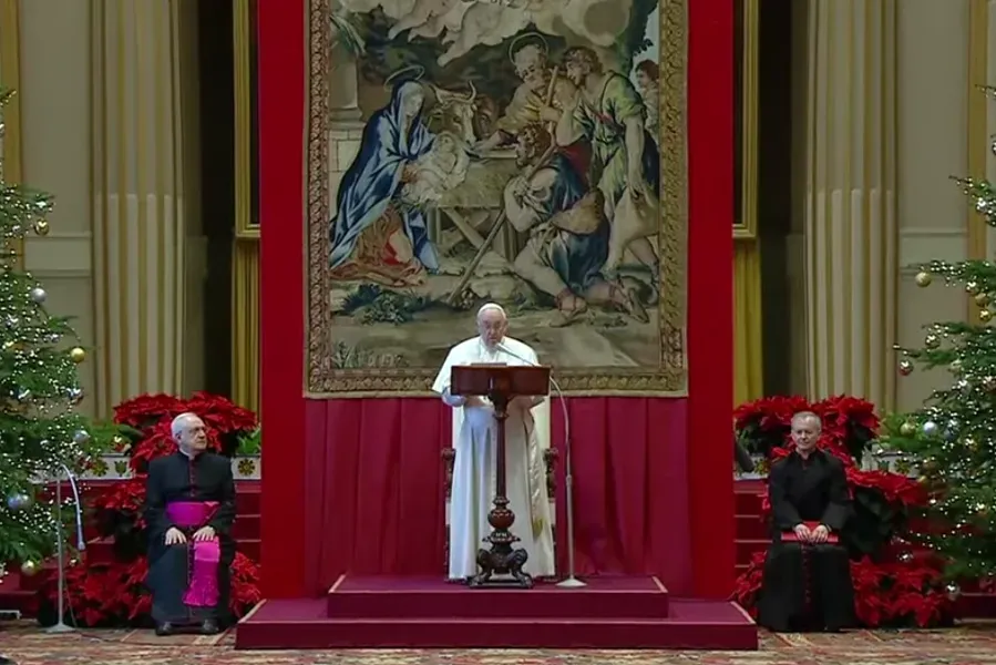Pope Francis addresses members of the Roman Curia at the Vatican on Dec. 23, 2021. Screenshot from Vatican News YouTube channel.