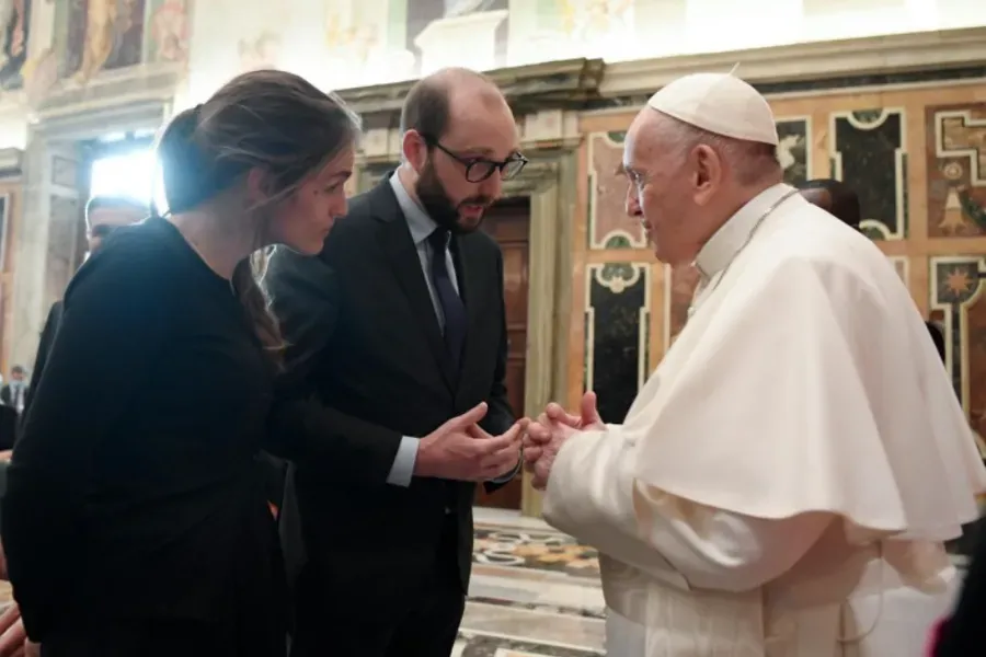 Pope Francis meets with French Catholic entrepreneurs at the Vatican's Clementine Hall, Jan. 7, 2022. Vatican Media.