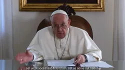A screenshot of Pope Francis speaking during the fourth World Meeting of Popular Movements Oct. 16, 2021. CNA