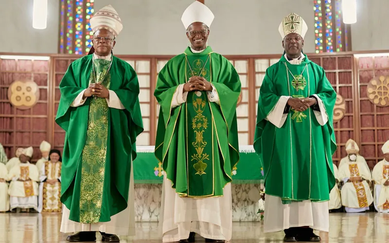 Bishop Richard Kuuia Baawobr (center), Fridolin Cardinal Ambongo Besungu (left) and Bishop Lucio Andrice Muandula (right)bSECAM President, First Vice and Second Vice President respectively. Credit: ACI Africa