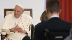 Pope Francis smiles during a meeting on April 29, 2023, with children and adults who are visually impaired and have other disabilities at a Catholic institute in Budapest, Hungary, dedicated to Blessed László Batthyány-Strattmann. | Vatican Media