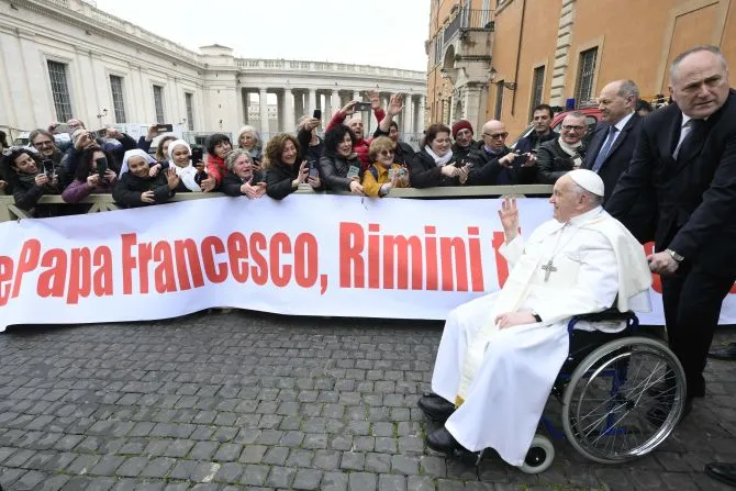 Pope Francis greets the faithful from his wheelchair during his Feb. 28, 2024 general audience at the Vatican. | Credit: Vatican Media