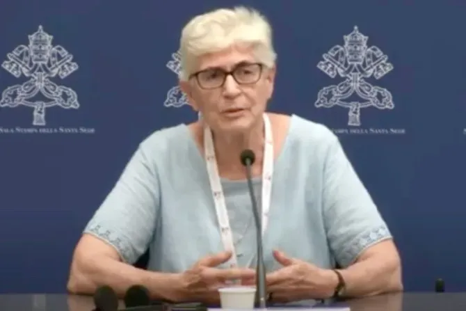 Sister María de los Dolores Palencia Gómez, Superior General of the Congregation of St. Joseph of Lyon, speaks to journalists during a press briefing for the Synod on Synodality at the Vatican on Oct. 14, 2023. | Credit: Screenshot from Synod on Synodality livestream video