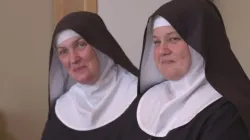 Sister Scholastica Radel (left) and Mother Abbess Cecilia Snell of the Benedictines of Mary, Queen of Apostles, discuss the recent exhumation of the order's foundress, Sister Wilhelmina Lancaster, in an interview with EWTN News In Depth on May 30, 2023, at their abbey in Gower, Missouri. | EWTN News