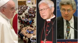 Pope Francis, the round tables at the Synod on Synodality at the Vatican, Cardinal Joseph Zen, and Paolo Ruffini. | Credit: EWTN News