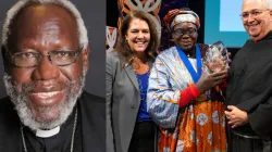 The late Bishop Emeritus of the Catholic Diocese of Torit in South Sudan, Paride Taban, is the 2023 Opus Prize Laureate. (L-R): Kerry Alys Robinson, executive director of The Opus Prize Foundation; Dr. Margaret Itto, deputy chair of the Board for Holy Trinity Peace Village Kuron and State Minister for Health in Eastern Equatoria State, South Sudan; University President the Rev. Peter M. Donohue, OSA, PhD. Credit: Villanova University