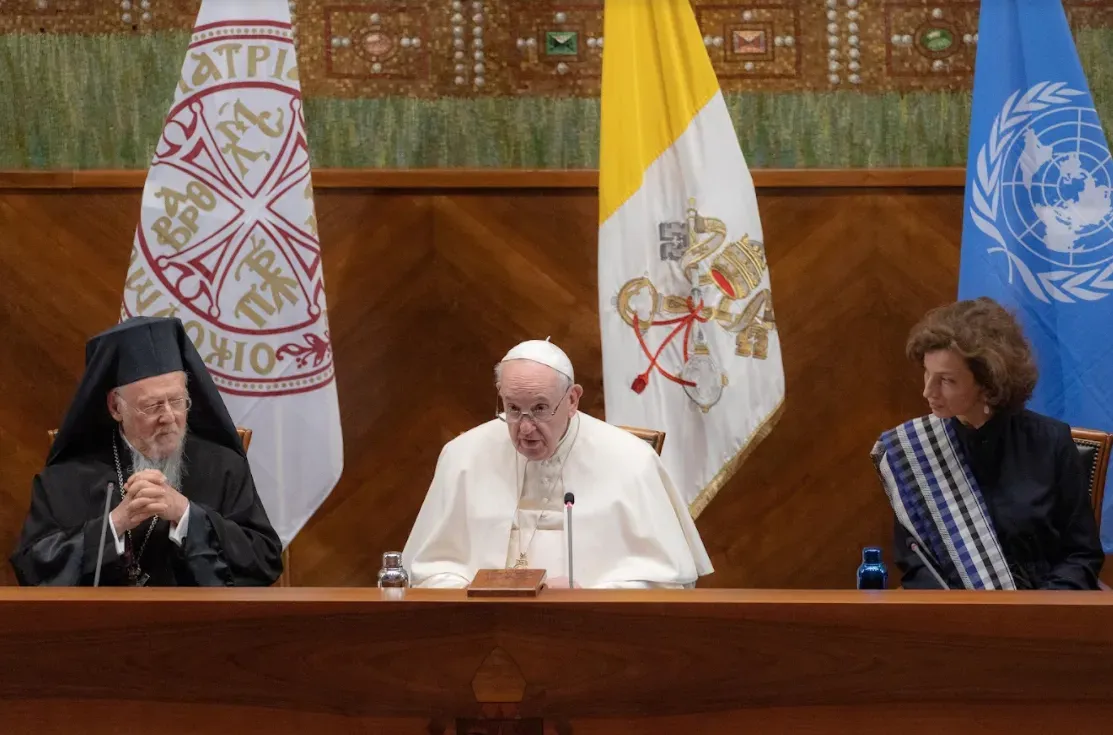 Patriarch Bartholomew I, Pope Francis, and UNESCO’s Audrey Azoulay at Rome’s Pontifical Lateran University, Oct. 7, 2021. Daniel Ibáñez/CNA.