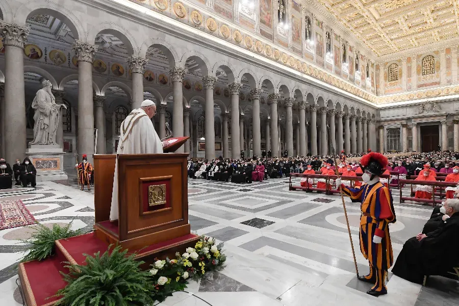Pope Francis presides at the celebration of Second Vespers of the Solemnity of the Conversion of St. Paul at Rome’s Basilica of St. Paul Outside-the-Walls, Jan. 25, 2021. Vatican Media.