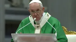 Pope Francis celebrates a Mass at St. Peter’s Basilica opening the worldwide synodal path, Oct. 10, 2021. Screenshot from Vatican News YouTube channel.