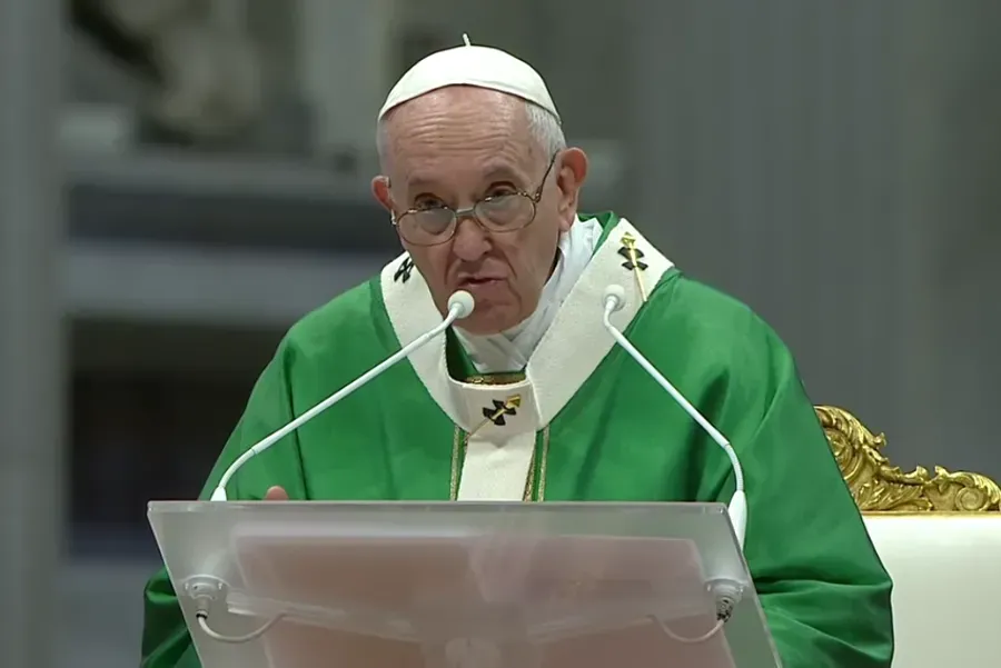 Pope Francis celebrates a Mass at St. Peter’s Basilica opening the worldwide synodal path, Oct. 10, 2021. Screenshot from Vatican News YouTube channel.