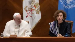 Pope Francis and UNESCO’s Audrey Azoulay at Rome’s Pontifical Lateran University, Oct. 7, 2021. Daniel Ibáñez/CNA.