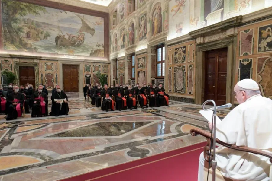 Pope Francis meets participants in the plenary session of the Congregation for the Doctrine of the Faith at the Vatican’s Clementine Hall, Jan. 21, 2022. Vatican Media.