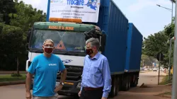 The 40-tonne container of emergency supplies that was handed over by Irish Ambassador to Uganda, William Carlos (R) to Trócaire Country Director in  Uganda, Ian Dolan (L). / Trocaire