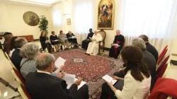 Pope Francis meets members of the International Federation of Catholic Pharmacists on May 2, 2022, in the Vatican's Santa Marta guesthouse. Vatican Media