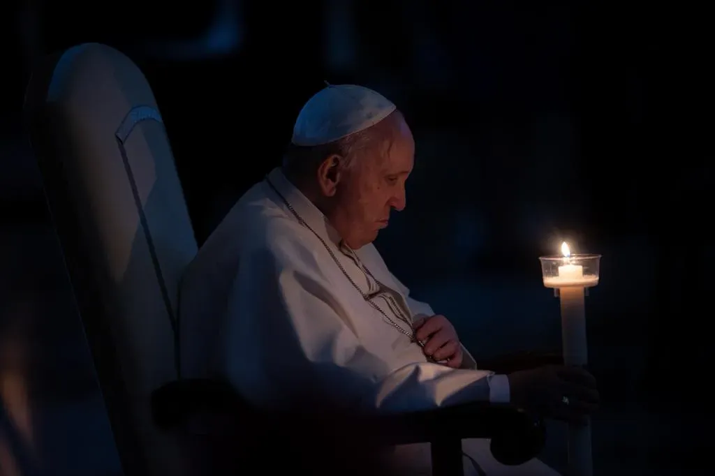 Pope Francis prays at the Easter Vigil Mass in St. Peter's Basilica on April 16, 2022. Daniel Ibanez/CNA