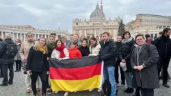 Tabea Schneider (far left) with a group of other pilgrims who traveled 20 hours by bus from Cologne, Germany, to attend the funeral of Pope Benedict XVI on Jan. 5, 2023, in St. Peter's Square at the Vatican. | Courtney Mares / CNA