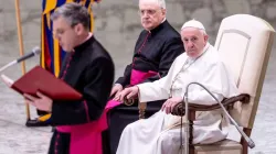 Pope Francis at the general audience in Paul VI Hall Jan. 22, 2020. Credit: Daniel Ibanez/CNA.