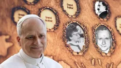 Pope Leo XIV along with photos of his grandfather, mother and father in the background. (photo: Register illustration / Daniel Ibanez/Public Domain/Fair Use)