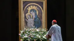 Cardinal Víctor Manuel Fernández, prefect of the Dicastery for the Doctrine of the Faith, prays before an image of the Blessed Virgin Mary and Child during the rosary vigil for Pope Francis at the Vatican on Feb. 28, 2025. / Credit: Daniel Ibáñez/CNA