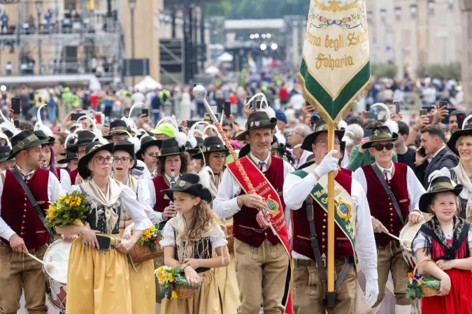 Traditional folk groups and bands participating in the Jubilee pilgrimage at the Vatican. They're gathered for Pope Leo XIV's first Regina Caeli prayer on May 11, 2025.