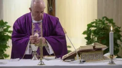 Pope Francis offers a private Mass in the chapel of Casa Santa Marta March 15, 2020. Credit: Vatican Media.