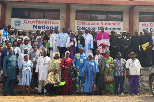 Bishop Sosthène Léopold Bayemi Matjei of the Diocese of Obala with Catholic laity in Cameroon. Credit: NECC