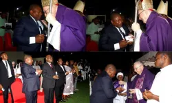 Former President Filipe Nyusi greets Pietro Cardinal Parolin after Holy Mass in Cabo Delgado on 8 December 2025. Credit: Filipe Nyusi Facebook page