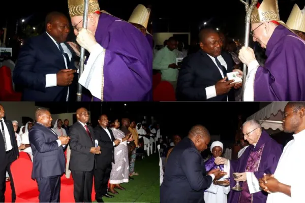 Former President Filipe Nyusi greets Pietro Cardinal Parolin after Holy Mass in Cabo Delgado on 8 December 2025. Credit: Filipe Nyusi Facebook page
