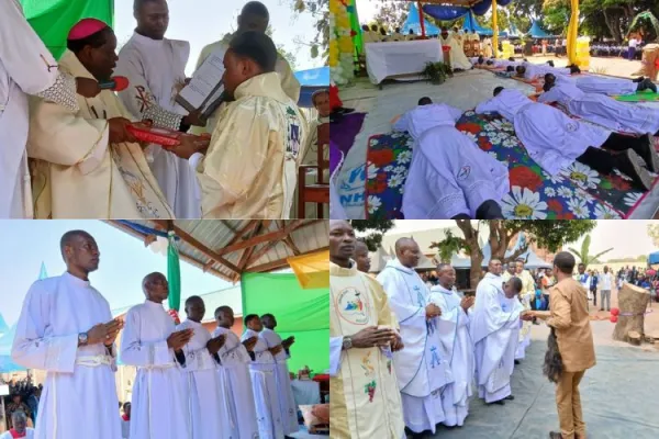 The four newly ordained Priests and six newly ordained Deacons for South Sudan’s Catholic Diocese of Tombura-Yambio (CDTY). Credit: Ruru Gene News/Sr. Laurencila, FSSA.