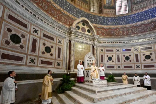 Pope Leo XIV sits in the cathedral of Rome, the Archbasilica of St. John Lateran, a symbol of his authority as bishop of Rome, May 25, 2025. I Credit: Daniel Ibáñez/EWTN News/Vatican Pool
