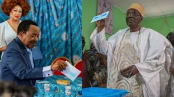 Incumbent, Paul Biya (right) and Issa Tchiroma Bakary (left) cast their votes on October 12. Credit: ELECAM