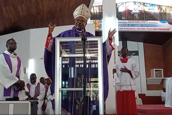 Fridolin Cardinal Ambongo during the 10 December 2023 Eucharistic celebration at the Holy Family Riviera 2 Parish of Abidjan Archdiocese. Credit: Holy Family Riviera 2 Parish