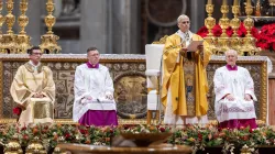 Pope Leo XIV celebrates Christmas Mass during the Night in a packed St. Peter's Basilica on Dec. 24, 2025. / Credit: Daniel Ibanez/CNA.