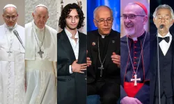 Pope Leo XIV, Pope Francis, Michael Iskander, Bishop Mark Seitz, Cardinal Pierbattista Pizzaballa, and Andrea Bocelli. Credit: Vatican Media; ALBERTO PIZZOLI/AFP via Getty Images; Jason Davis/Getty Images; Hakim Shammo/EWTN News; Latin Patriarchate of Jerusalem; Franco Origlia/Getty Images