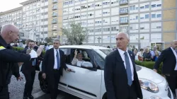 Pope Francis left Rome's Gemelli Hospital shortly before 9:00 a.m. on June 16, 2023. Before returning to the Vatican, he stopped to pray in front of the historic Marian icon of Salus Populi Romani at St. Mary Major Basilica, and made a quick visit to a group of religious sisters close to St. Peter's Square. | Vatican Media.
