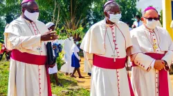 Archbishop Philip Naameh, President of the Ghana Catholic Bishops’ Conference with Archbishop Henryk Mieczysław Jagodziński, Apostolic Nuncio to Ghana and Bishop Edoe Kumordji, SVD, Bishop of the Keta-Akatsi Diocese at the opening of the 2020 Plenary of the GCBC at the St. Catherine Girls Senior High School at Agbakope on November 9, 2020. / Damian Avevor