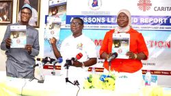 Samuel Zan Akologo, Co-ordinator of the FAITH in Ghana Alliance with Wilson Raphael Arthur, the Ashanti Regional Director for the National Commission for Civic Education and Hajia Ayishetu Abdul-Kadiri, Chairperson of the FAITH in Ghana Alliance launching the Report on Lessons Learnt from I-SHAME Corruption project at the National Catholic Secretariat on February 20, 2020. / Caritas Ghana